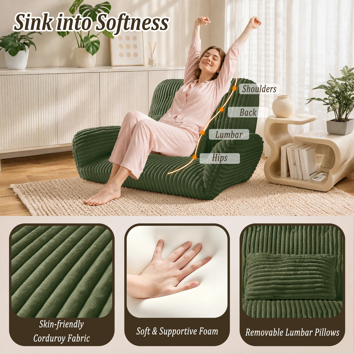 HomeMiYN Striped Plush Foldable Lazy Recliner Armchair with Cushion for Living Room and Bedroom