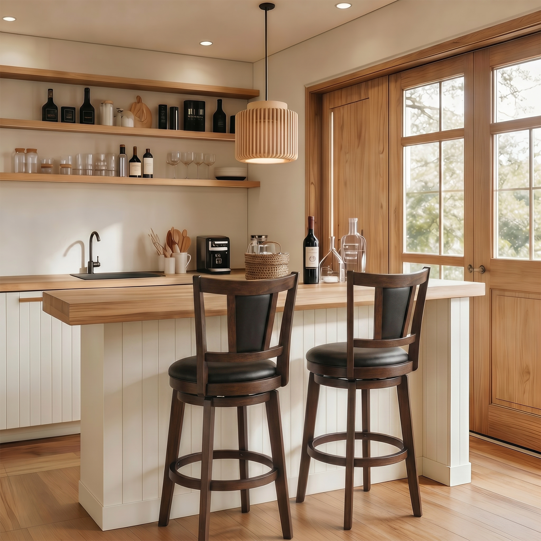 Austen 2 Set of Swivel Bar Stool with Square Padded Back & Seat – Mid-Century Modern Counter Height Chair