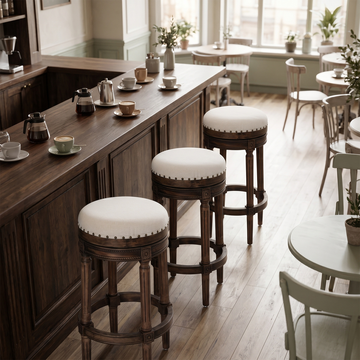 HomeMiYN Wooden Swivel Bar Stool Upholstered Retro Design with Studs