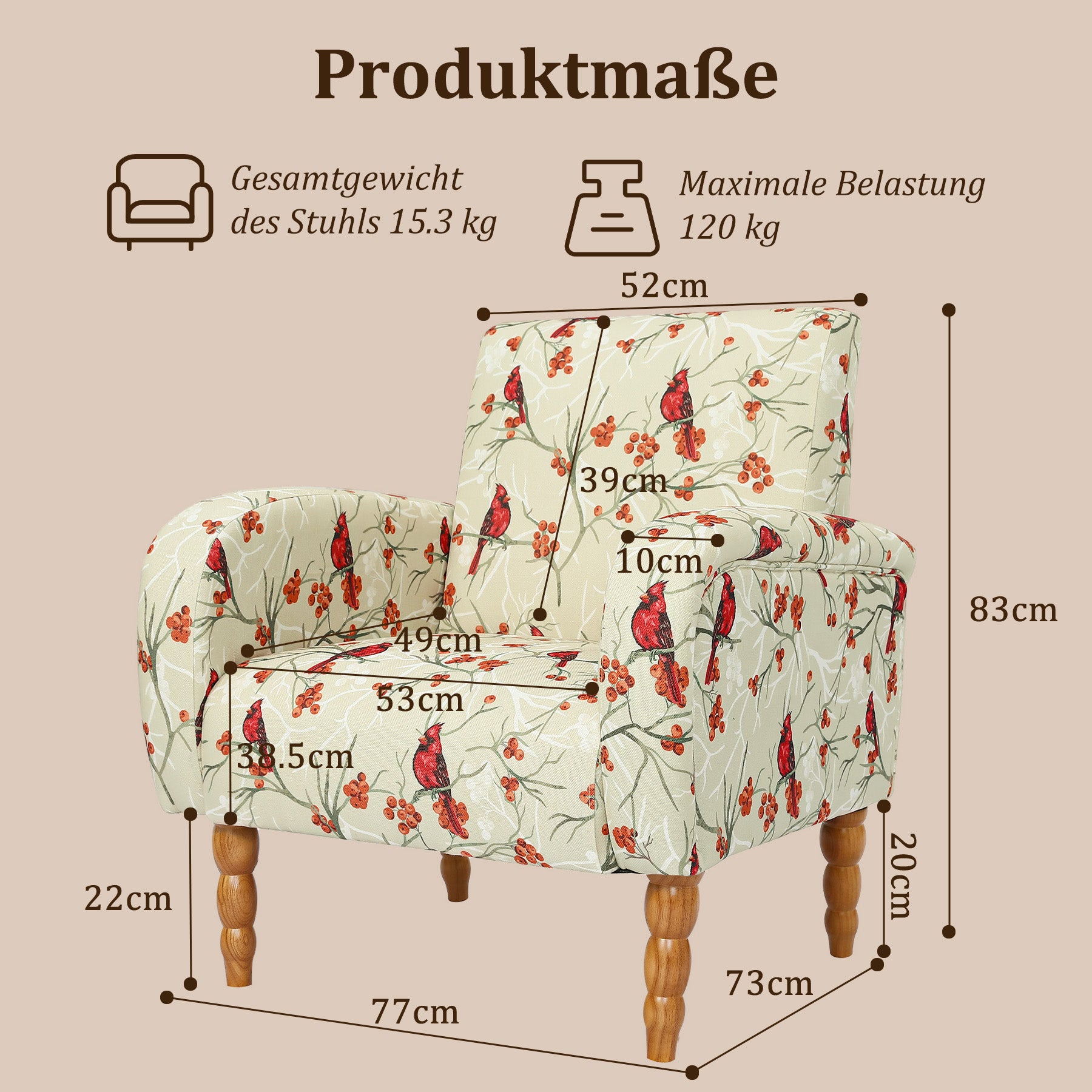 Polstersessel mit Blumenmuster, Vintage Akzentstuhl | Elegantes Blumenmuster, bequeme Polsterung und stabile Holzbeine, ideal für Wohnzimmer, Schlafzimmer und Leseecke.