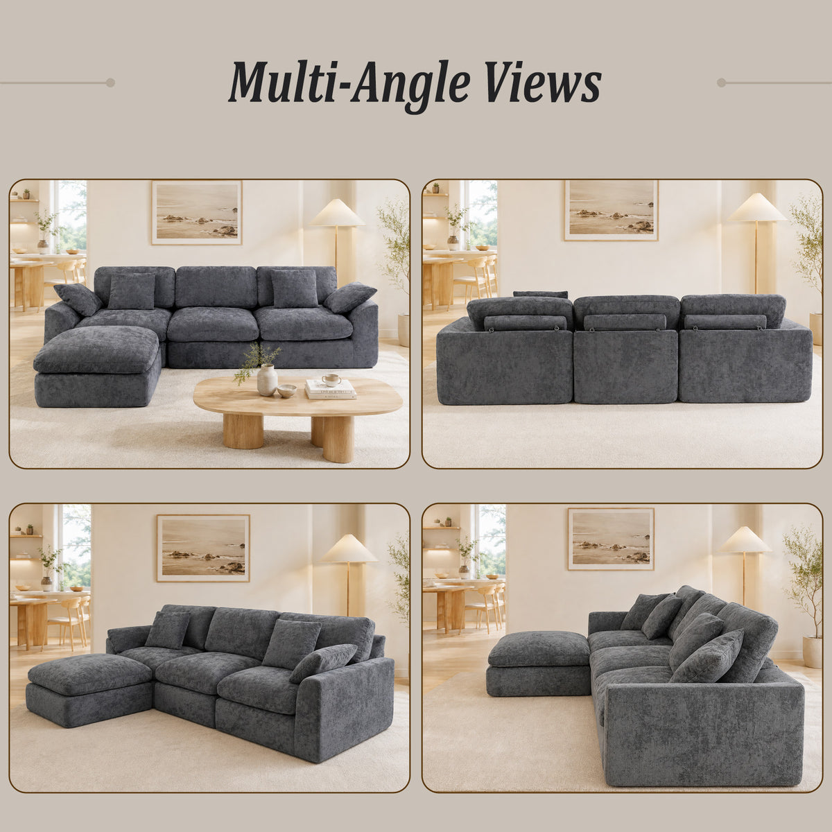 HomeMiYN 281cm 3-Seater L-Shaped Modular Corner Sofa, Chenille Fabric, Non-Vacuum Packaged