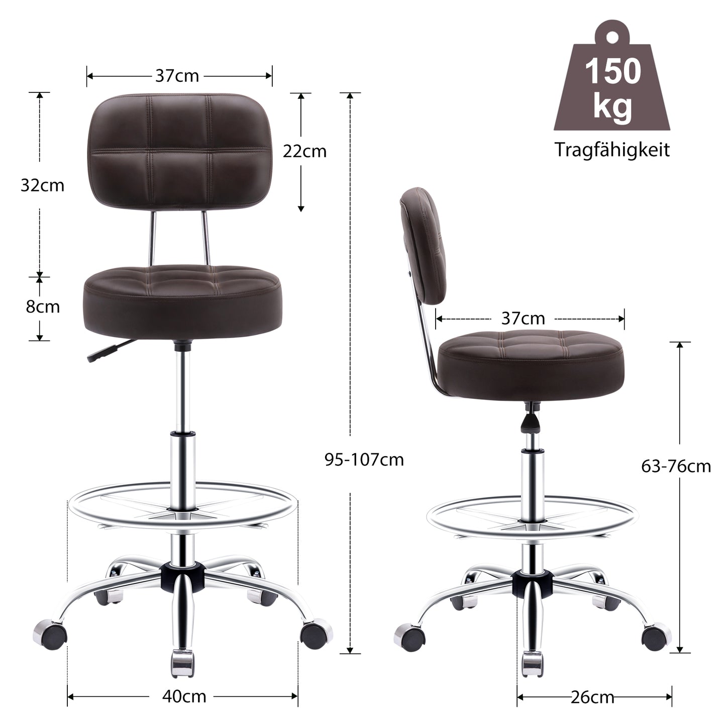 HomeMiYN Swivel Stool Roller Stool Foot Ring Office Stool Height Adjustable Coffee