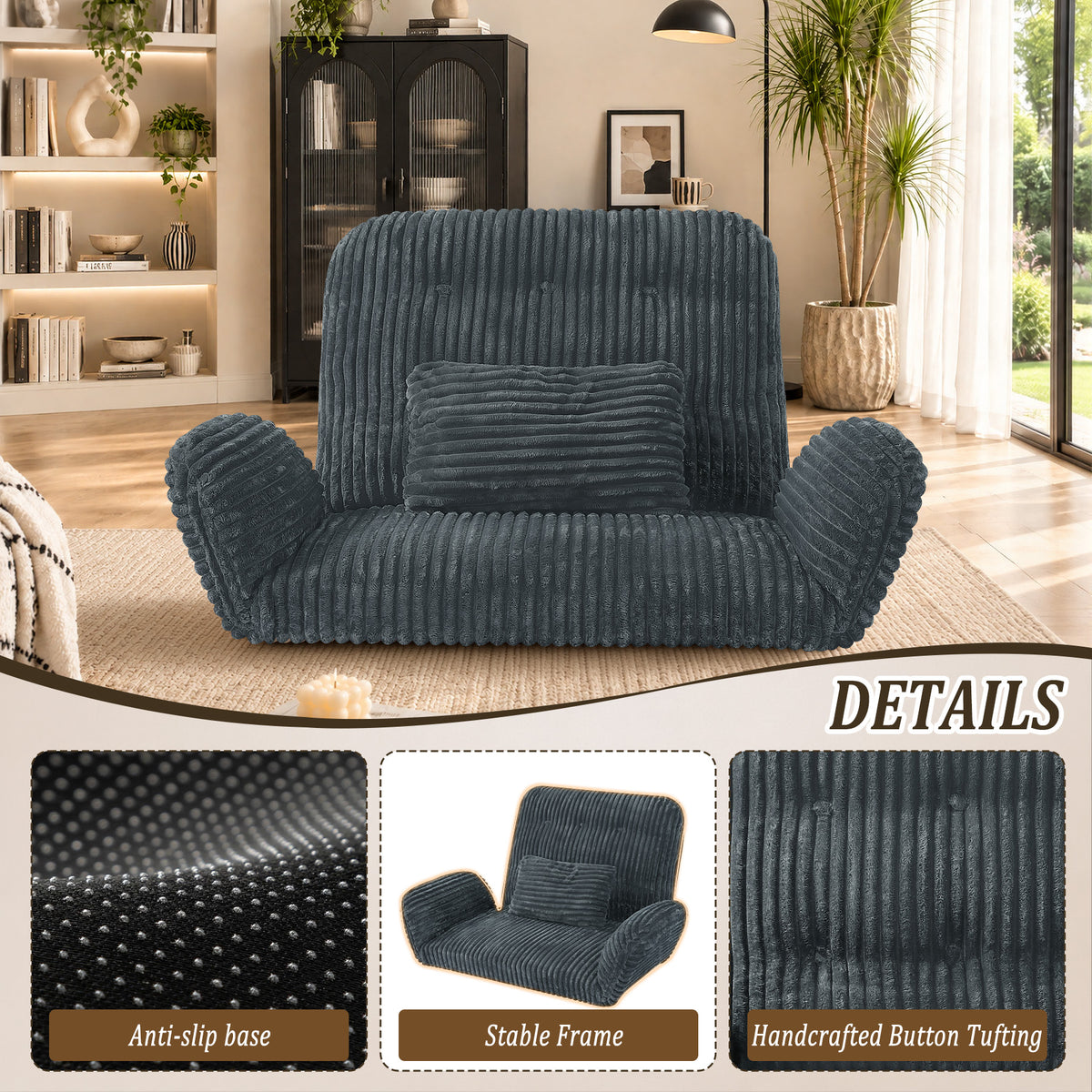 HomeMiYN Striped Plush Foldable Lazy Recliner Armchair with Cushion for Living Room and Bedroom