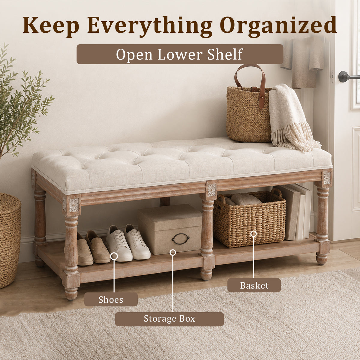 HomeMiYN 2-Seat Upholstered Storage Bench for Hallway and Bedroom