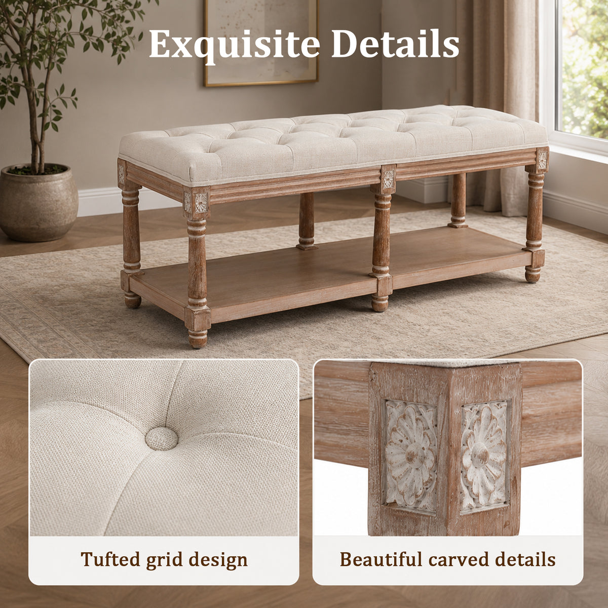 HomeMiYN 2-Seat Upholstered Storage Bench for Hallway and Bedroom