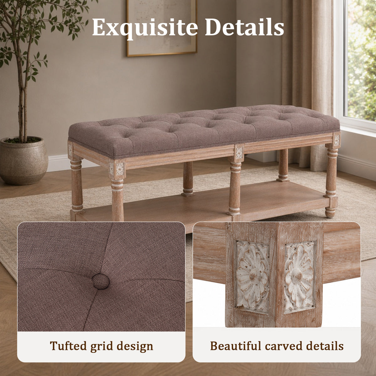 HomeMiYN 2-Seat Upholstered Storage Bench for Hallway and Bedroom