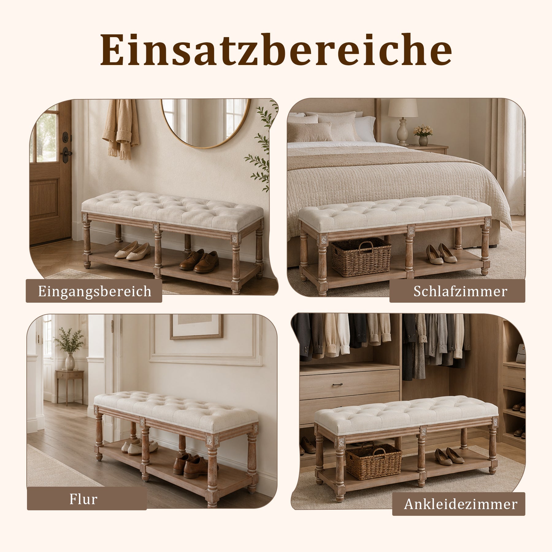 Schuhbank für 2 Personen, Polsterbank mit Schuhablage für 10 Paar Schuhe, Bequeme Sitzbank, Natur-grau,114 * 40 * 49cm,Kaffeebraun