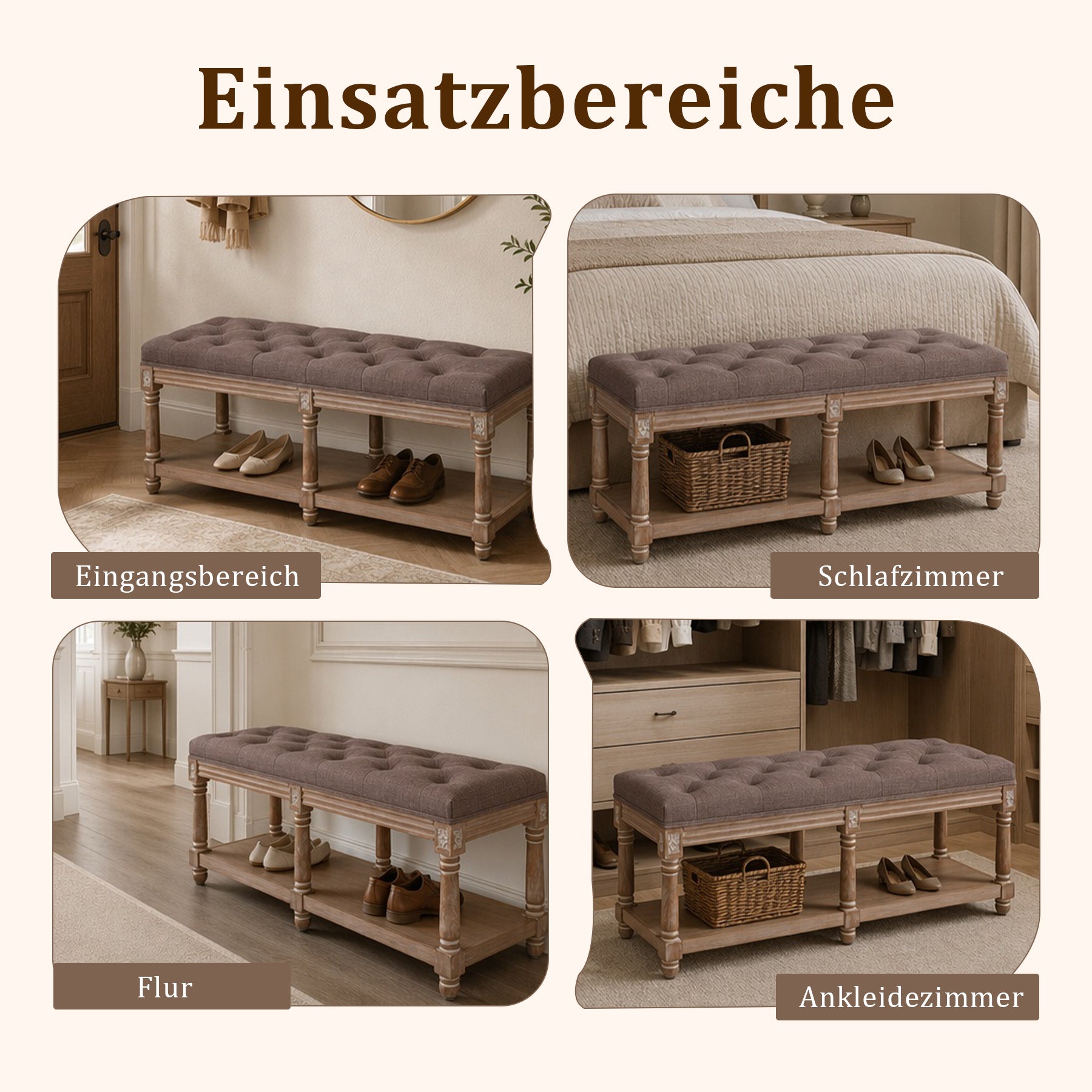 Schuhbank für 2 Personen, Polsterbank mit Schuhablage für 10 Paar Schuhe, Bequeme Sitzbank, Natur-grau,114 * 40 * 49cm,Kaffeebraun