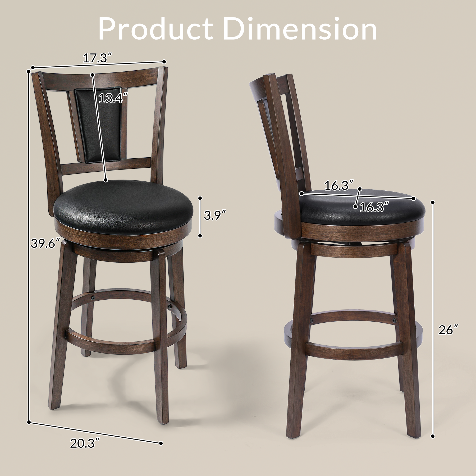 Austen 2 Set of Swivel Bar Stool with Square Padded Back & Seat – Mid-Century Modern Counter Height Chair