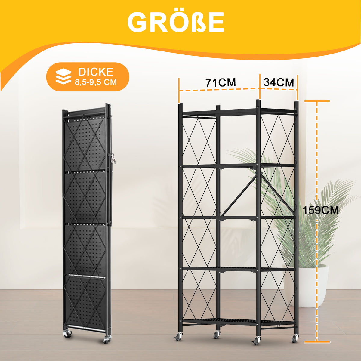 Klappregal, 5 Regal Bücherregal, Küchenregale, Haushaltsregal mit Rollen, Regal, 71x34x159cm, Montagefrei & Stabil, Metallregal zur Aufbewahrung für Garage, Keller, Speisekammer, schwarz