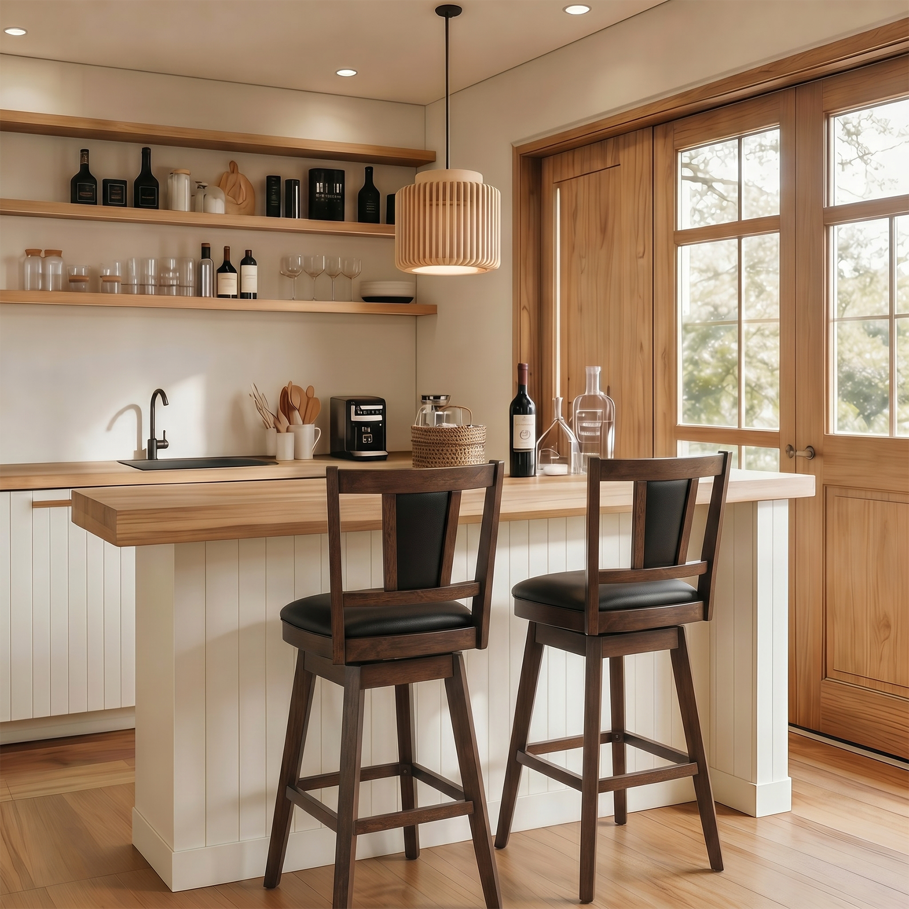 Austen 2 Set of Swivel Bar Stool with Vertical Padded Back & Seat – Mid-Century Modern Counter Height Chair