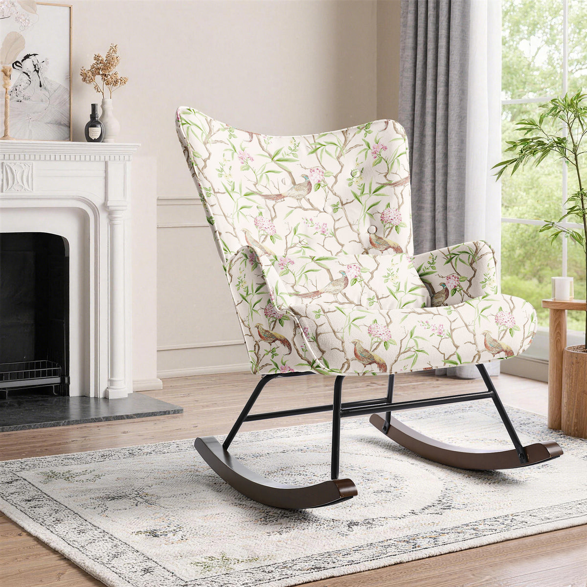 HomeMiYN Modern Single Rocking Chair, Printed Linen-Look Fabric with Ample Cushioned Seat