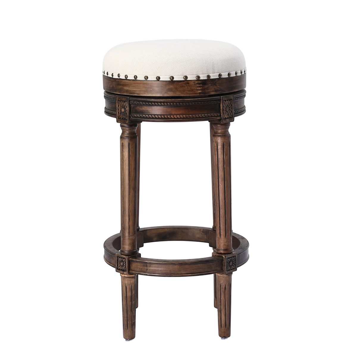 HomeMiYN Wooden Swivel Bar Stool Upholstered Retro Design with Studs