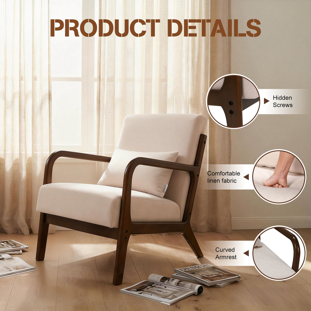 HomeMiYN Retro PU Leather Reading Chair with Ergonomic Armrests, 150kg Load Capacity, Medieval Style