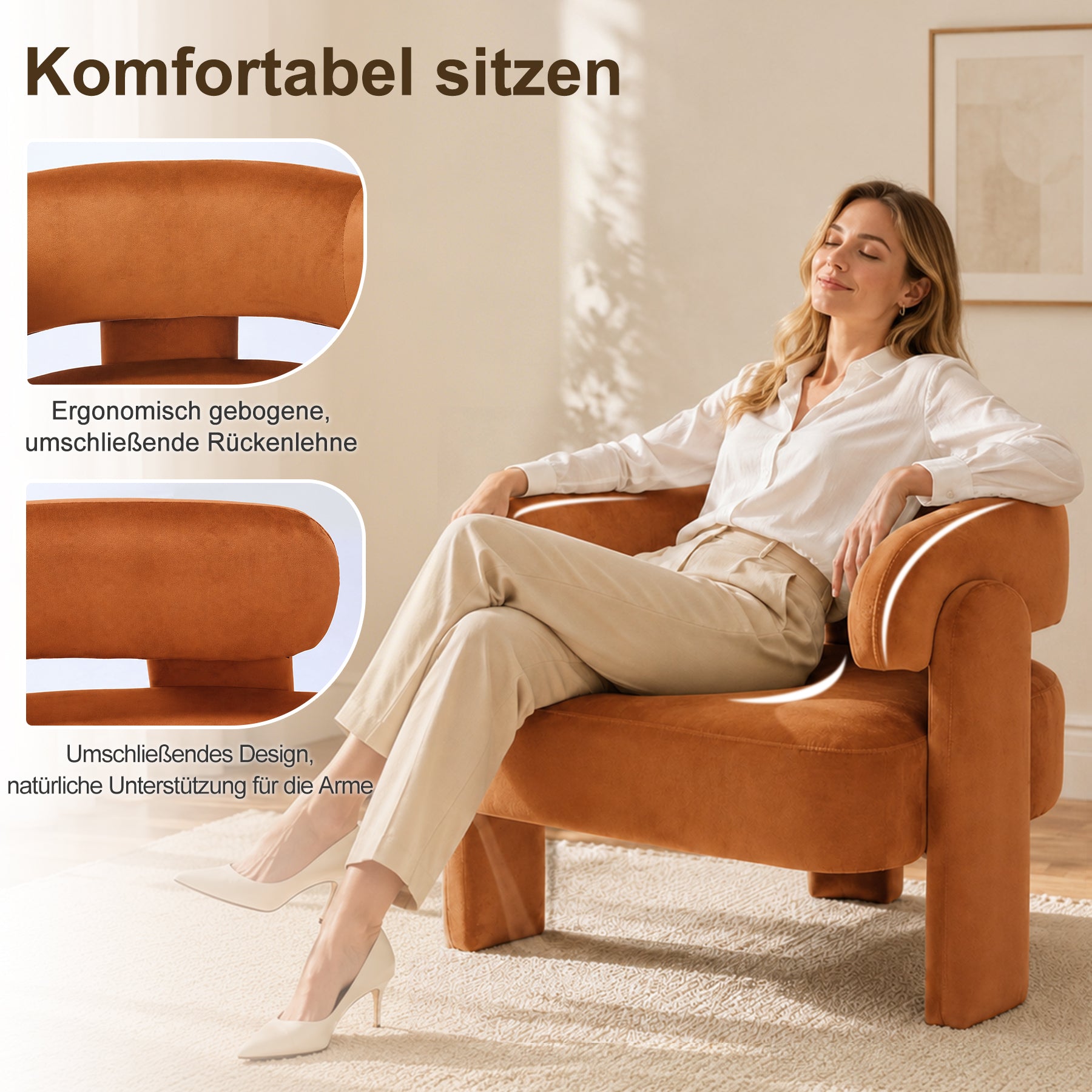 Geschwungener Samt-Sessel, Massivholzrahmen, Orange | Bequemer Sessel, ergonomisches Design, stabile Füße, maximale Belastbarkeit 120 kg, für Wohnzimmer, Schlafzimmer und Leseecke