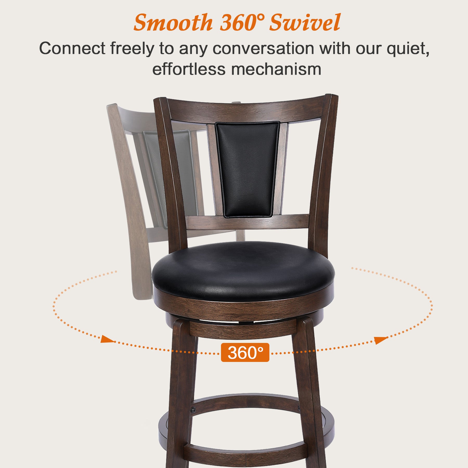 2 Set of Swivel Bar Stool with Square Padded Back & Seat – Mid-Century Modern Counter Height Chair