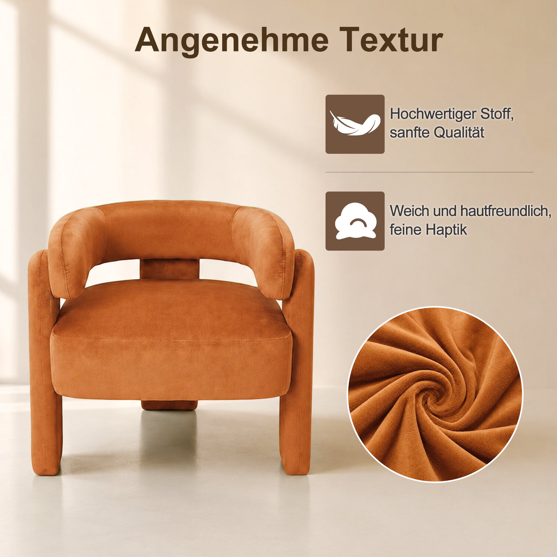 Geschwungener Samt-Sessel, Massivholzrahmen, Orange | Bequemer Sessel, ergonomisches Design, stabile Füße, maximale Belastbarkeit 120 kg, für Wohnzimmer, Schlafzimmer und Leseecke