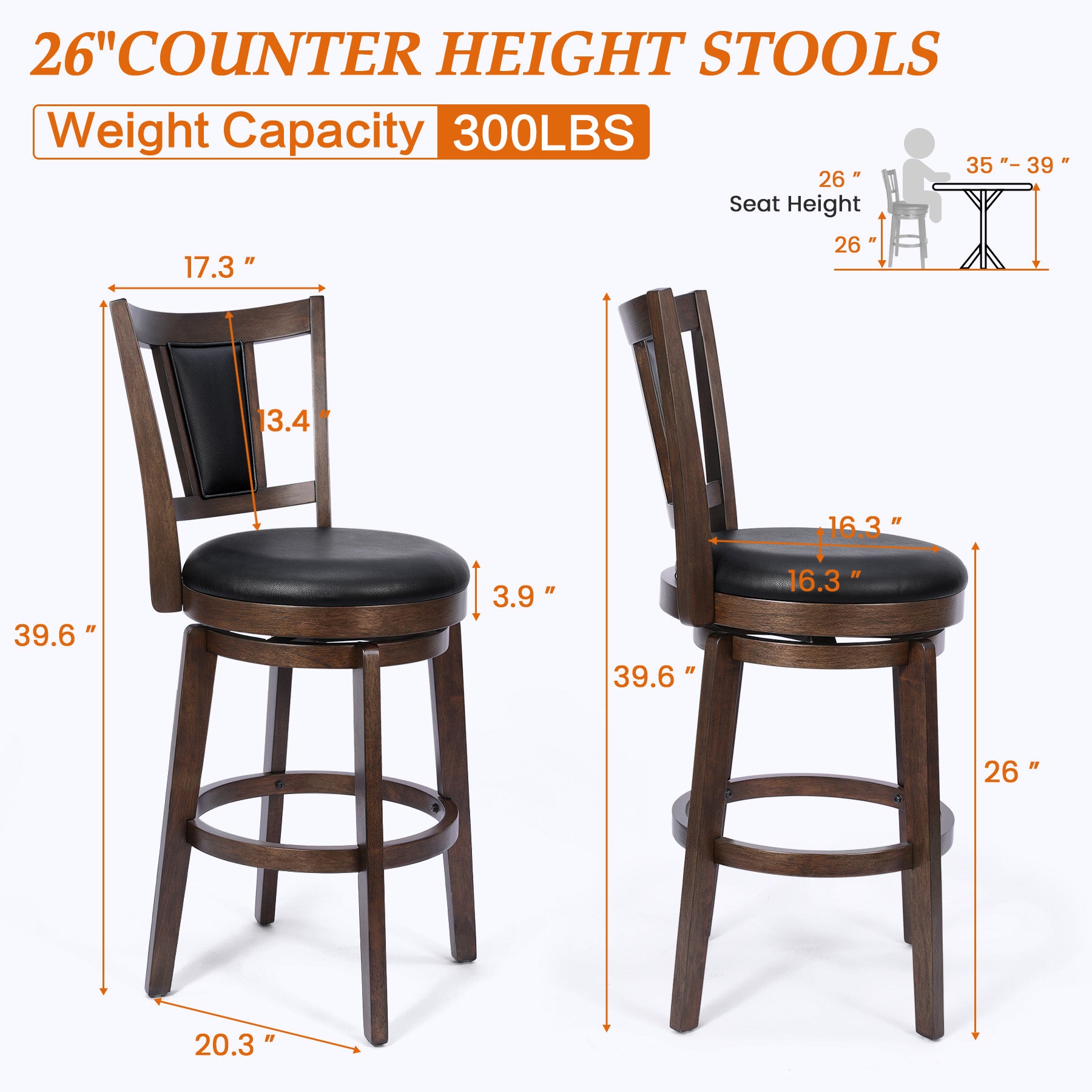 2 Set of Swivel Bar Stool with Square Padded Back & Seat – Mid-Century Modern Counter Height Chair