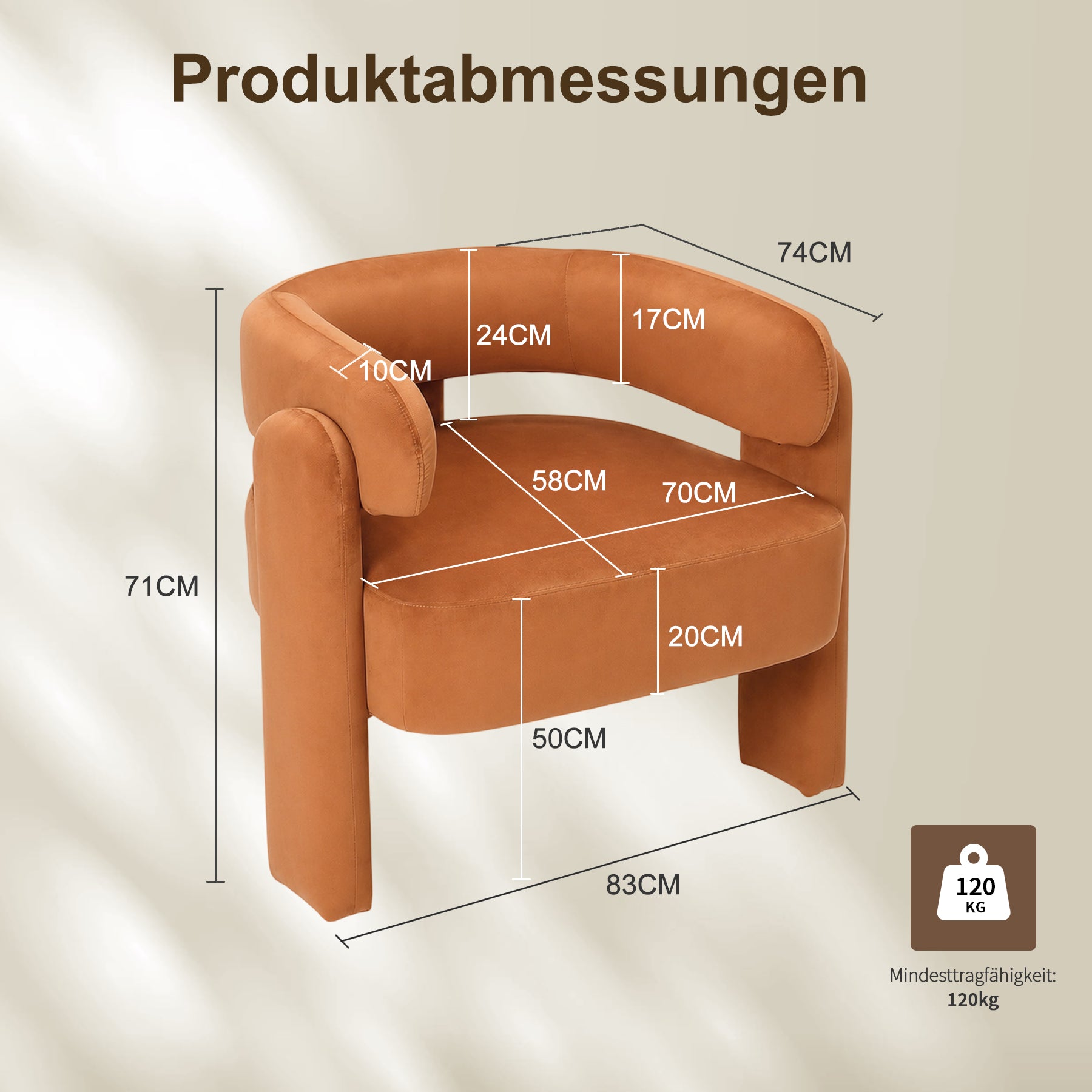 Geschwungener Samt-Sessel, Massivholzrahmen, Orange | Bequemer Sessel, ergonomisches Design, stabile Füße, maximale Belastbarkeit 120 kg, für Wohnzimmer, Schlafzimmer und Leseecke
