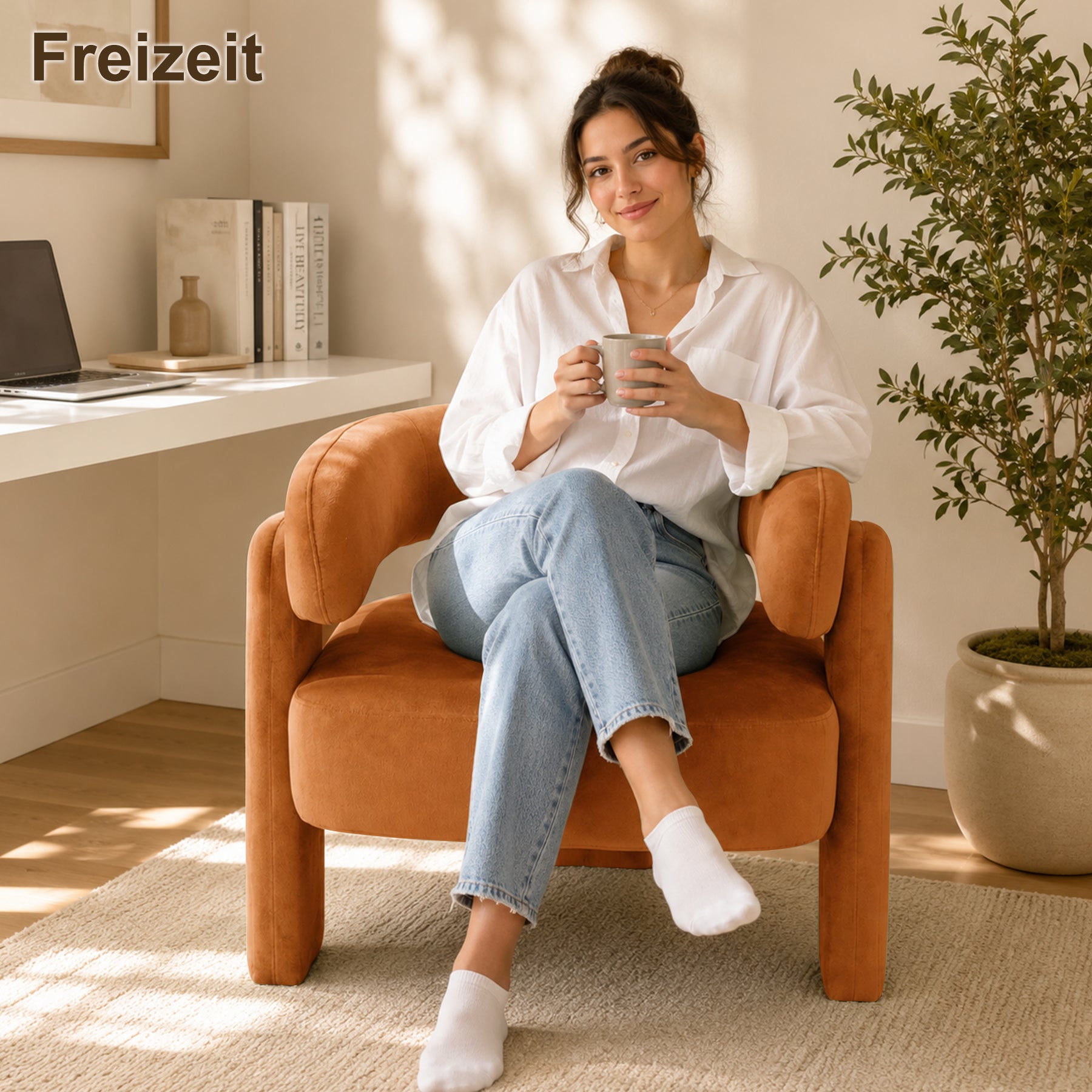 Geschwungener Samt-Sessel, Massivholzrahmen, Orange | Bequemer Sessel, ergonomisches Design, stabile Füße, maximale Belastbarkeit 120 kg, für Wohnzimmer, Schlafzimmer und Leseecke