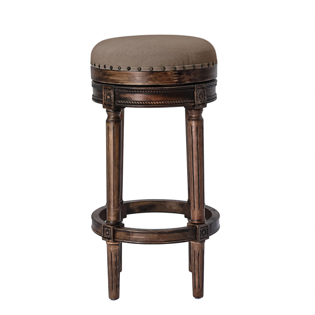 HomeMiYN Wooden Swivel Bar Stool Upholstered Retro Design with Studs