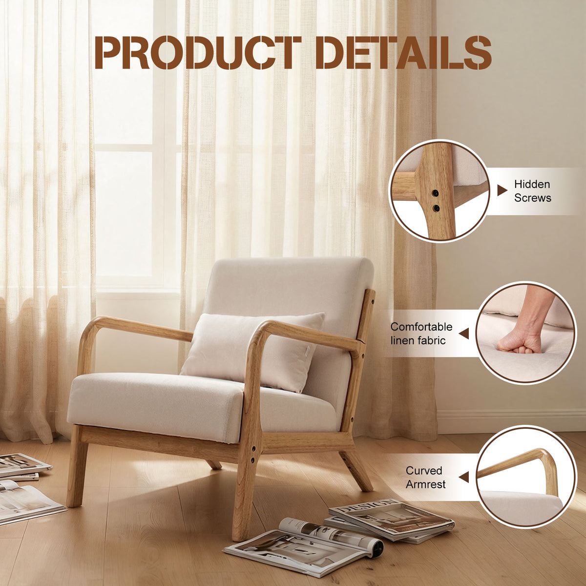 HomeMiYN Retro PU Leather Reading Chair with Ergonomic Armrests, 150kg Load Capacity, Medieval Style