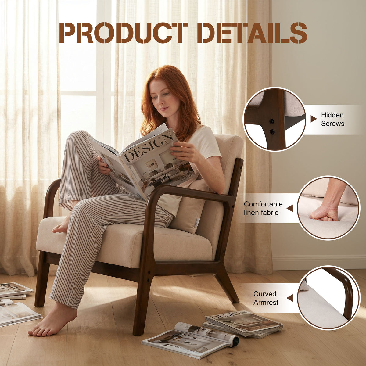 HomeMiYN Retro PU Leather Reading Chair with Ergonomic Armrests, 150kg Load Capacity, Medieval Style
