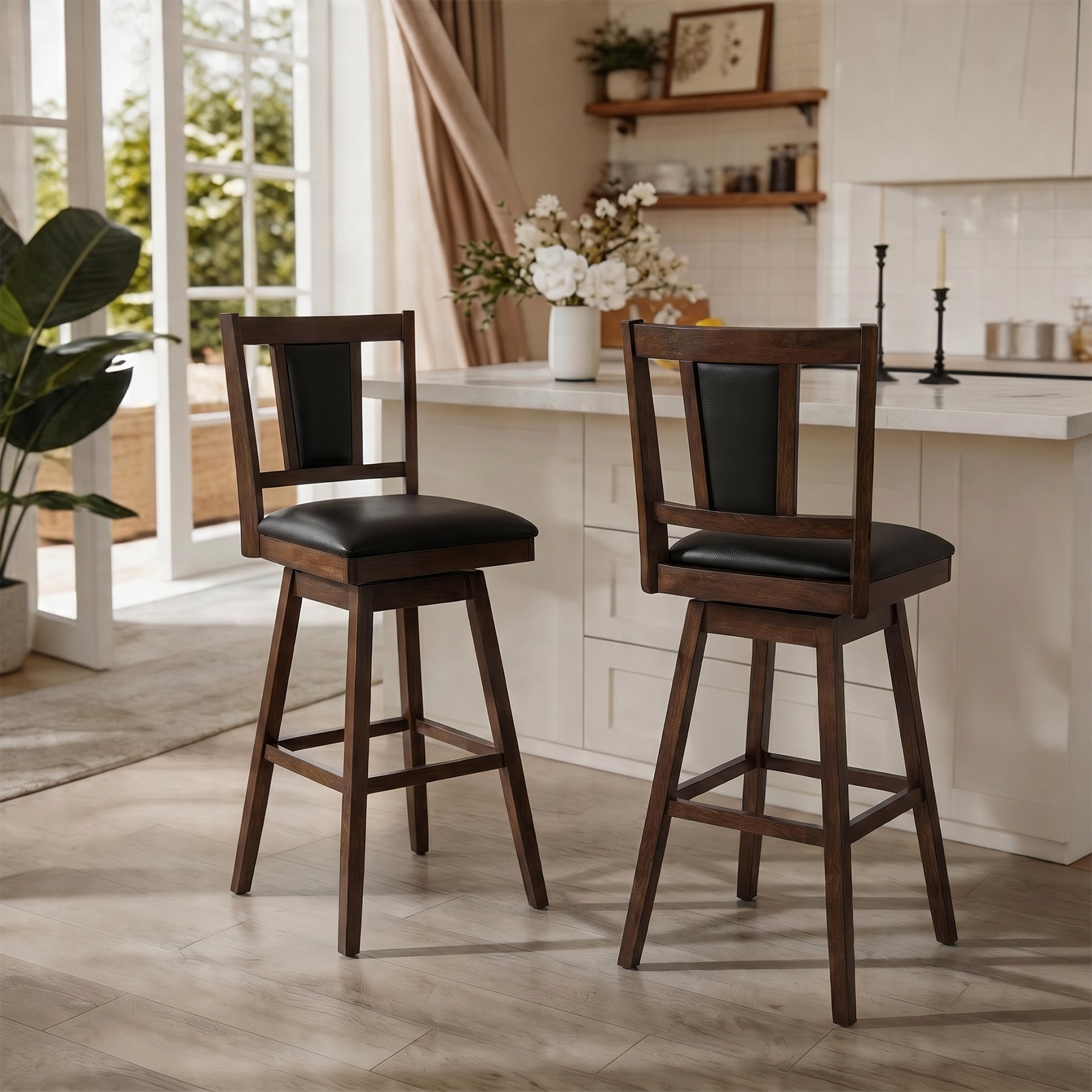 Austen 2 Set of Swivel Bar Stool with Vertical Padded Back & Seat – Mid-Century Modern Counter Height Chair