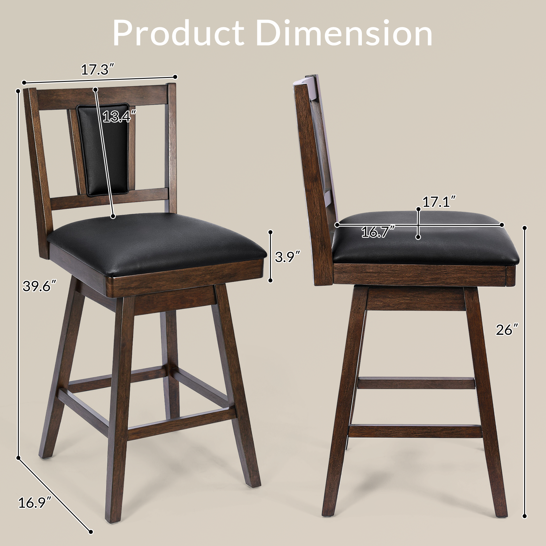Austen 2 Set of Swivel Bar Stool with Vertical Padded Back & Seat – Mid-Century Modern Counter Height Chair