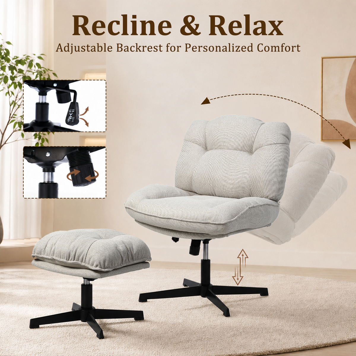 HomeMiYN Ergonomic Armless Office Chair with Adjustable Backrest & Footrest