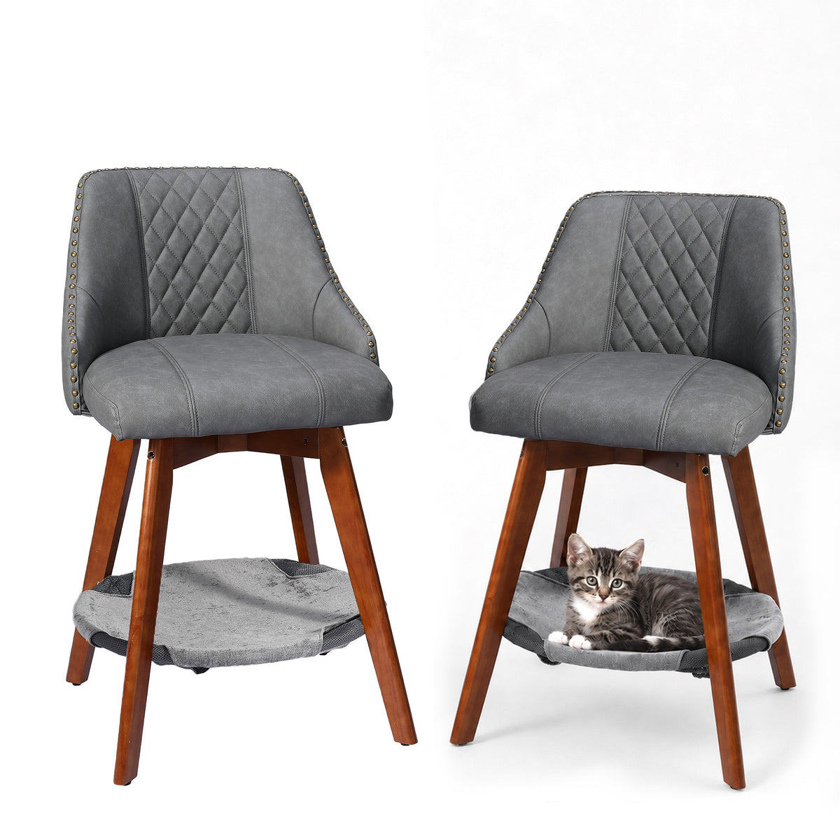 HomeMiYN Set of 2 Wooden Rotatable Padded Bar Stools with Pet Cave