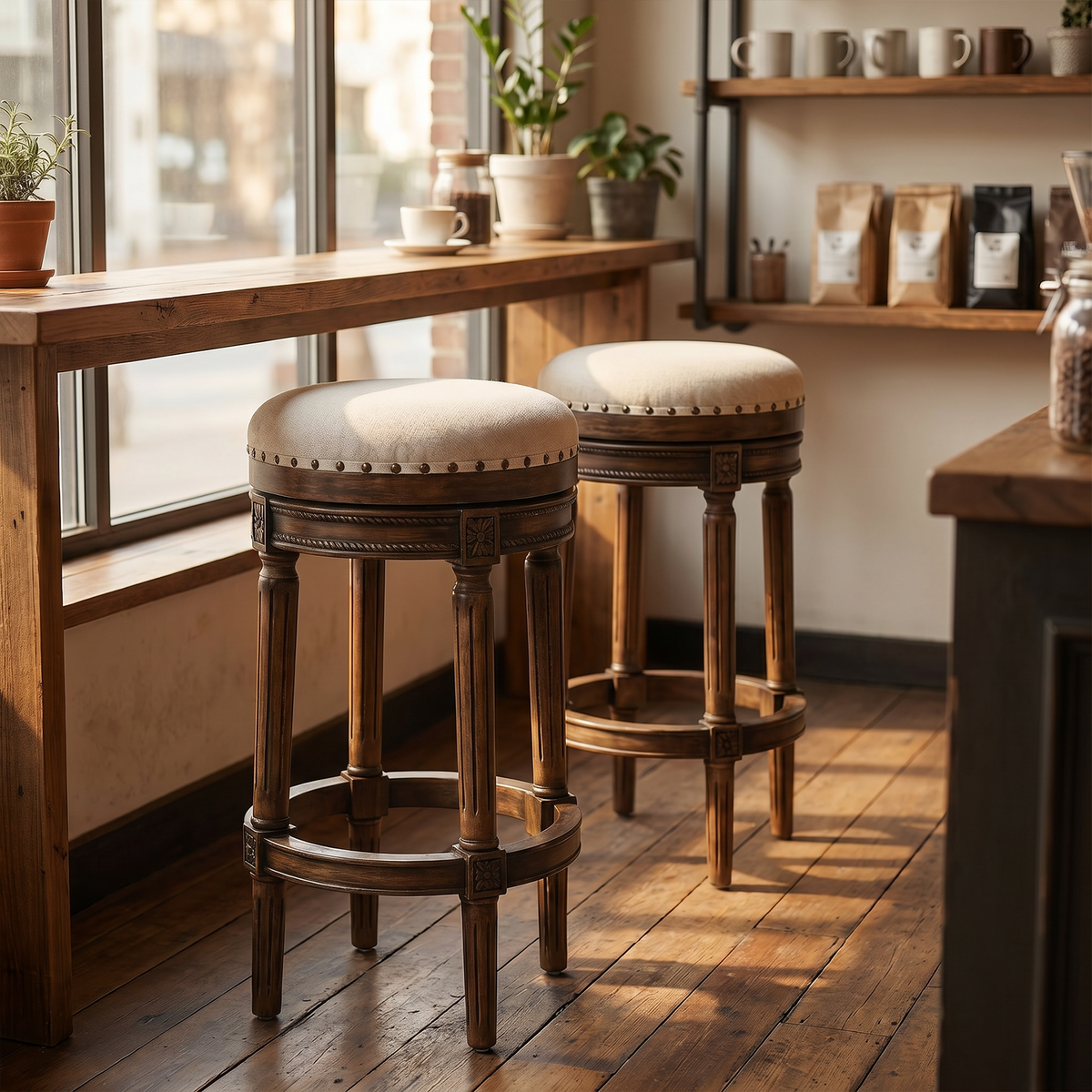 HomeMiYN Wooden Swivel Bar Stool Upholstered Retro Design with Studs