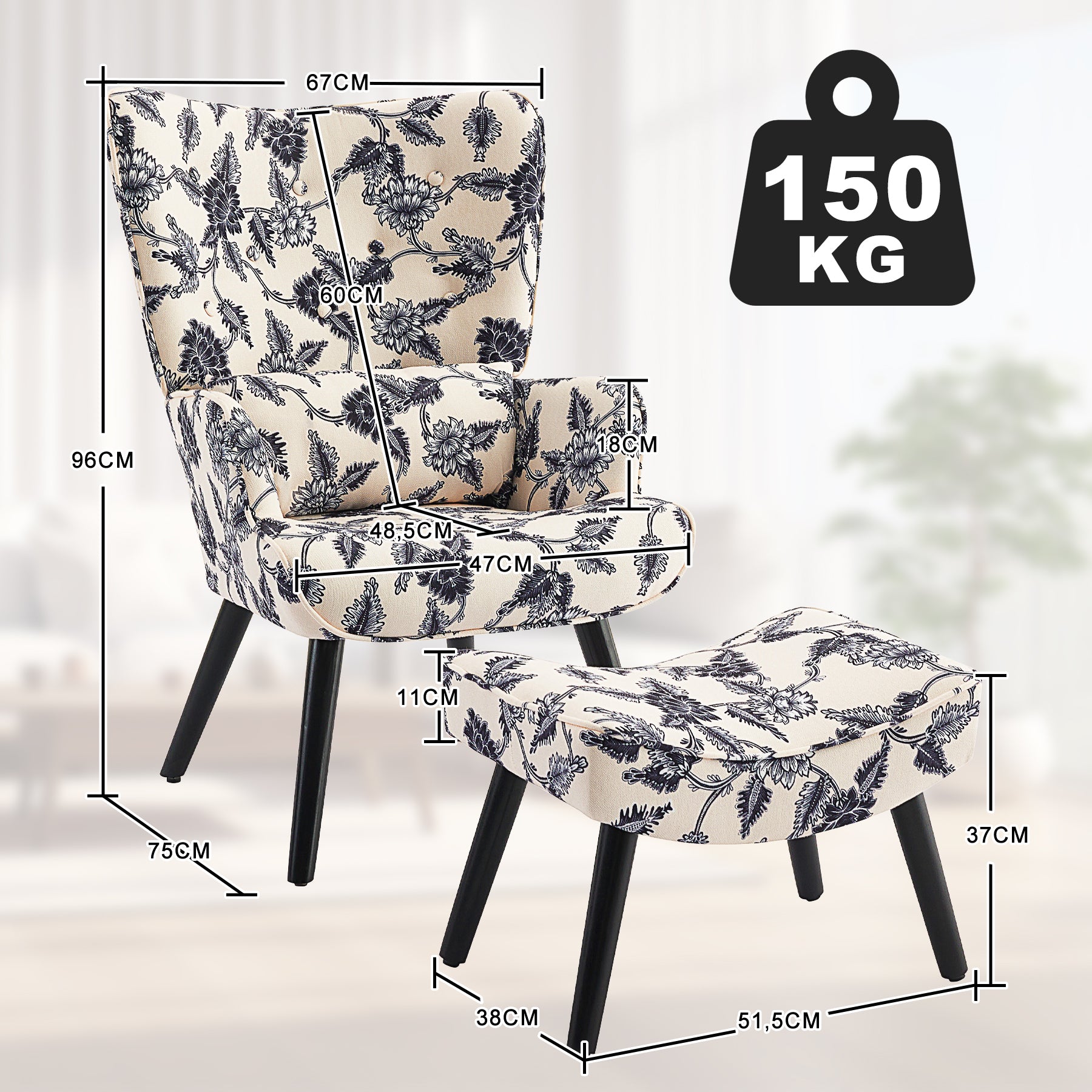 Printed Single Seater Sofa in Faux Linen Fabric