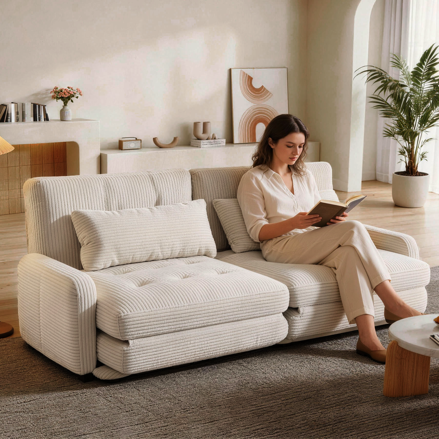 HomeMiYN Folding Sofa Bed in beige color #color_Beige