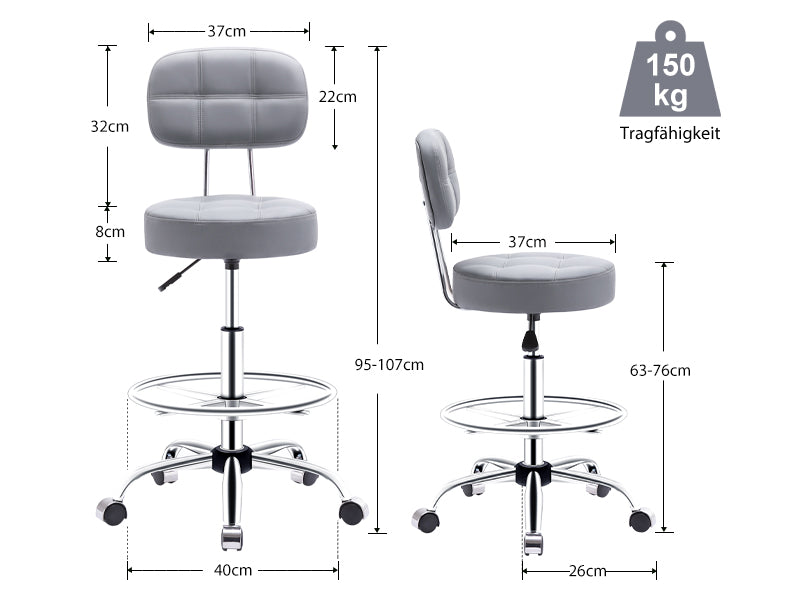 HomeMiYN Swivel Stool Roller Stool Foot Ring Office Stool Height Adjustable Gray