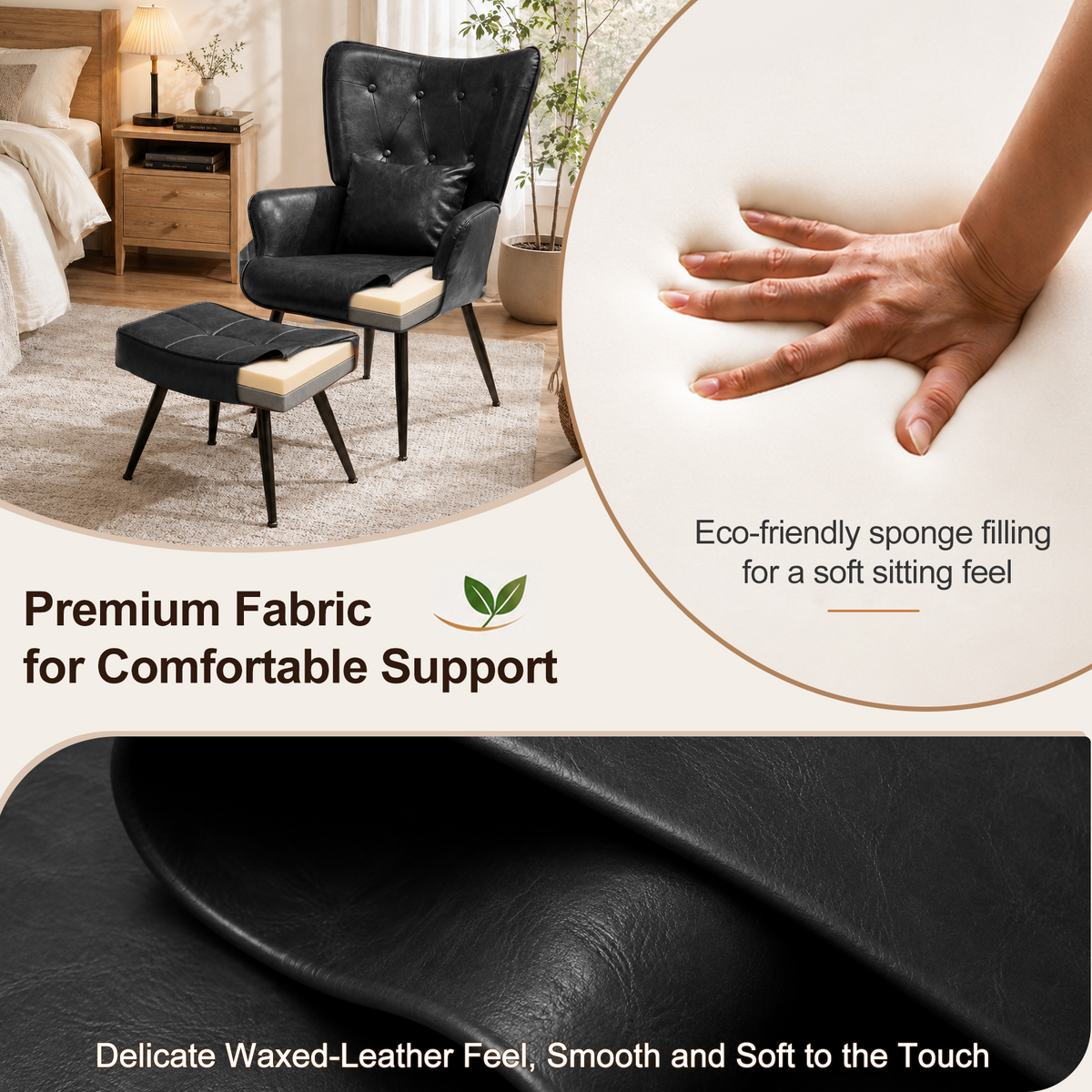 HomeMiYN PU Leather Wingback Chair with Stool & Lumbar Support Solid Wood Legs