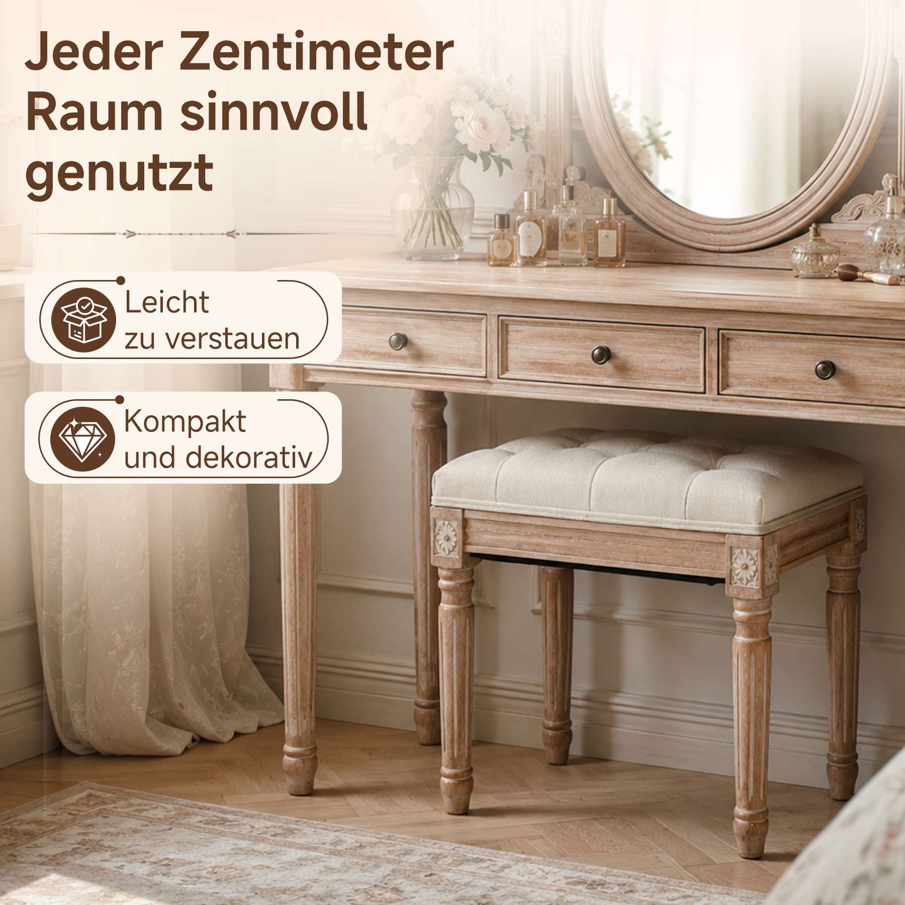 Schuhhocker Vintage mit Schnitzereien, gepolsterter Sitz, Einzelsitz | Vintage Schuhhocker aus Massivholz mit Schnitzereien. Getufteter Sitz, stabiler Used-Look für Flur oder Schlafzimmer.