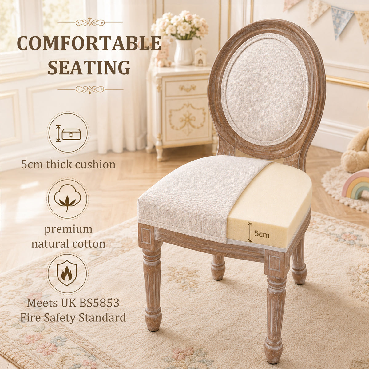 HomeMiYN Set of 2 Wooden Kids Chairs Beige Padded Seat for Ages 3+