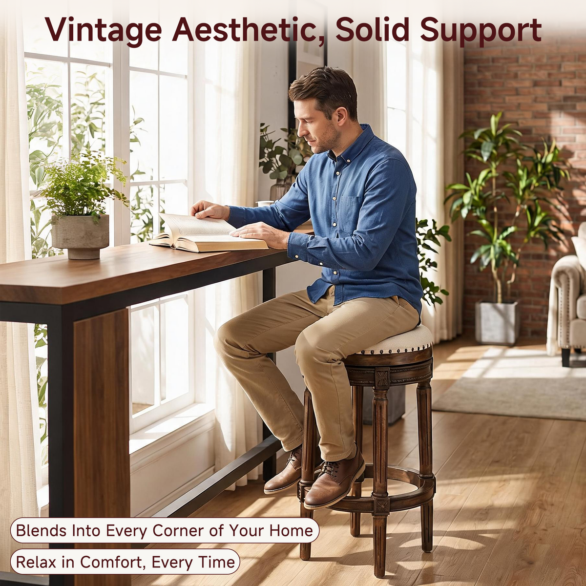 HomeMiYN Wooden Swivel Bar Stool Upholstered Retro Design with Studs