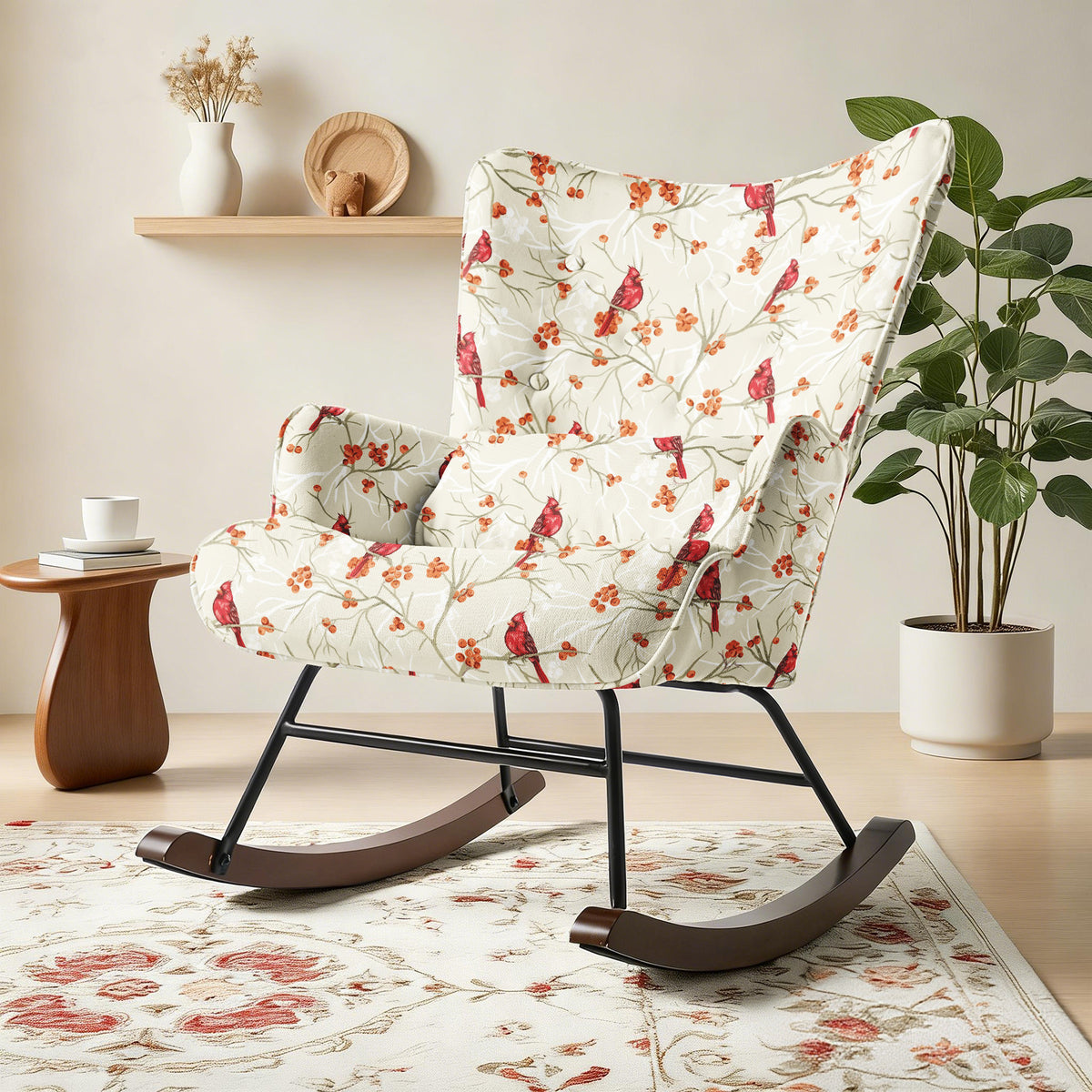 HomeMiYN Modern Single Rocking Chair, Printed Linen-Look Fabric with Ample Cushioned Seat