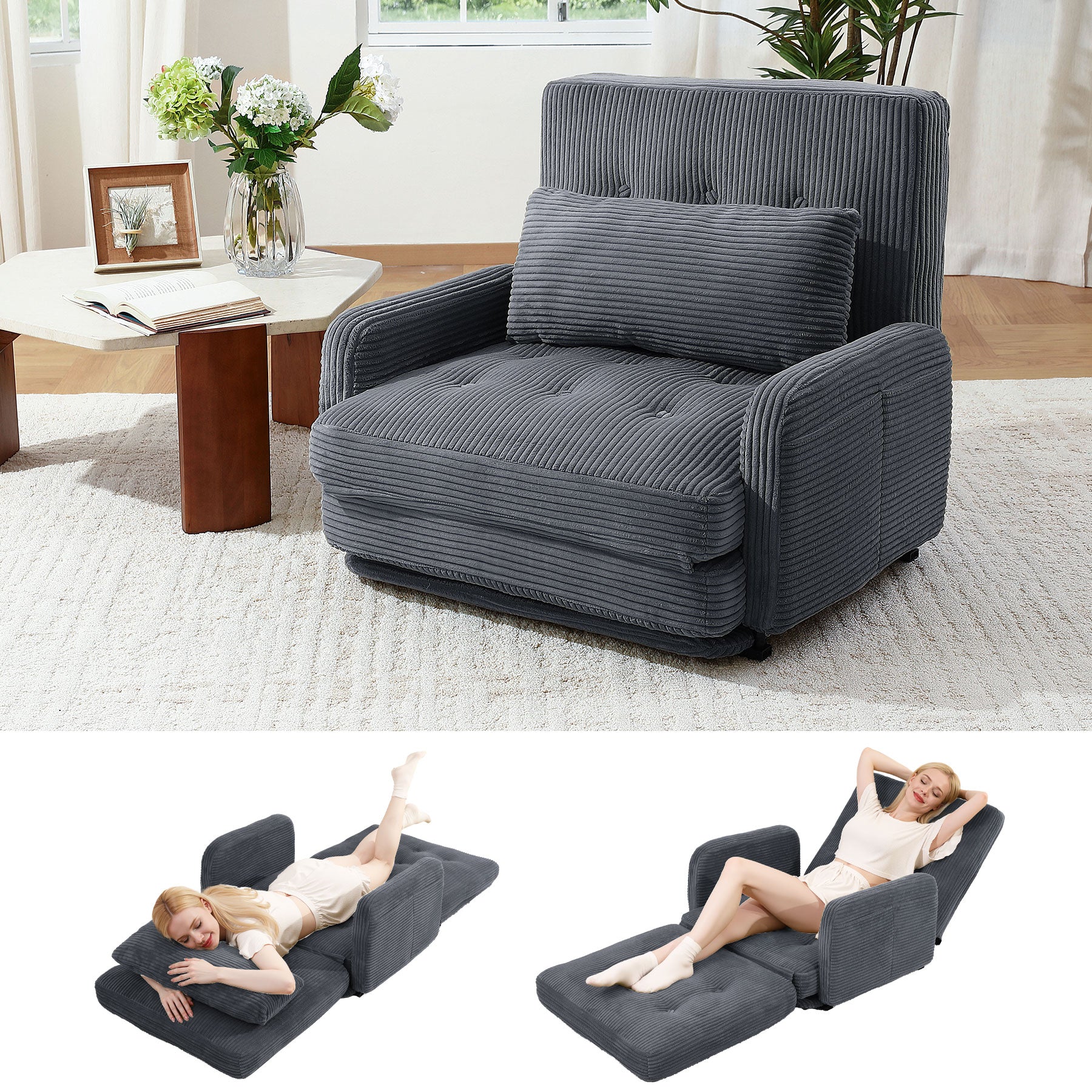 HomeMiYN Folding Sofa Bed, With 5-Position Adjustable Back Support