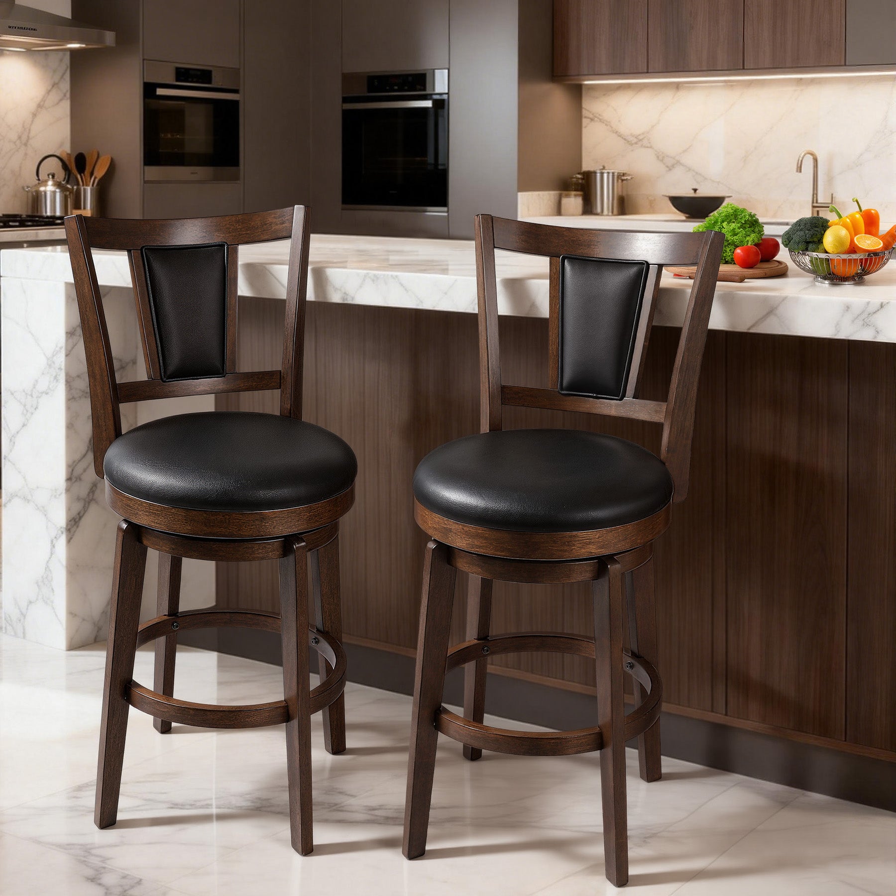 2 Set of Swivel Bar Stool with Square Padded Back & Seat – Mid-Century Modern Counter Height Chair