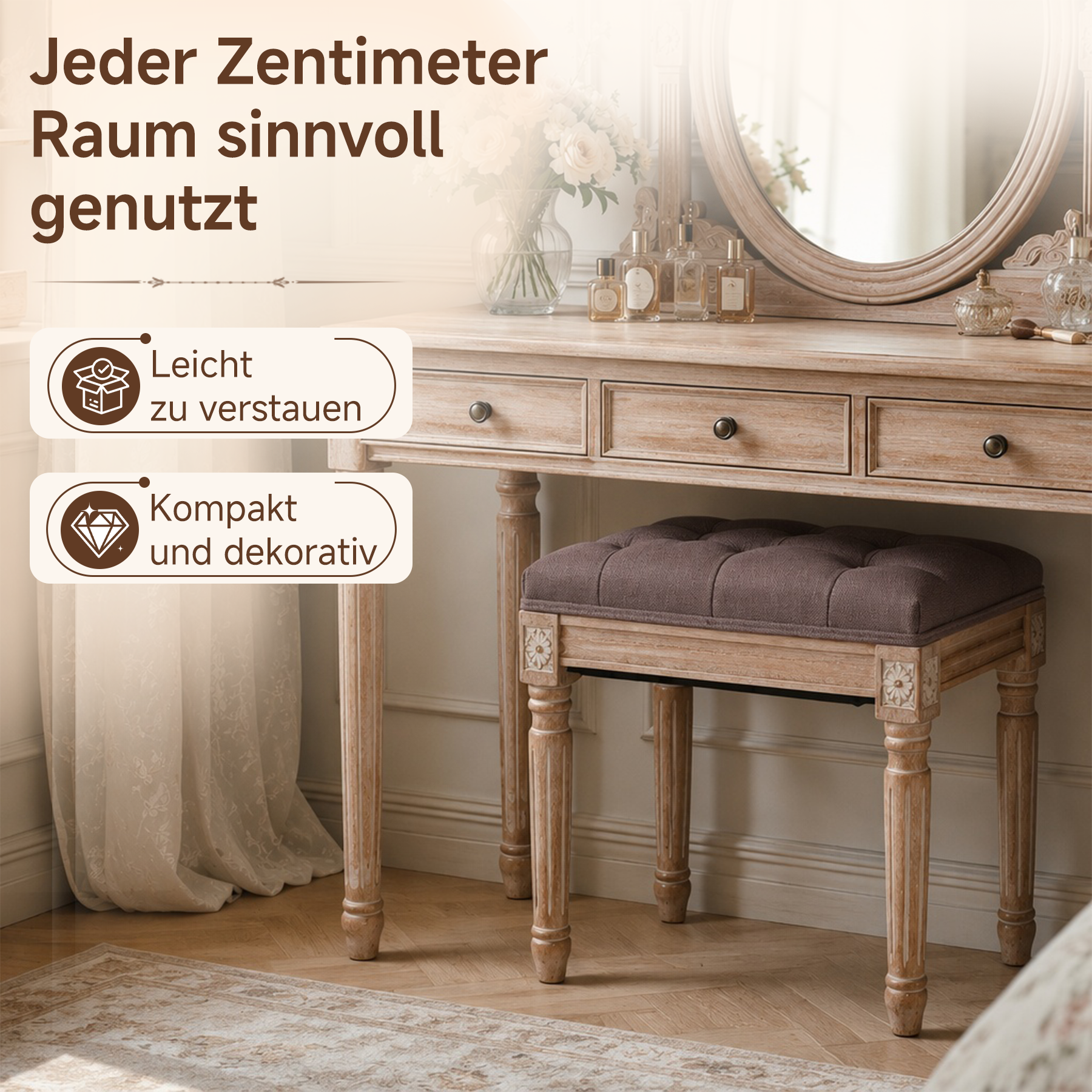 Schuhhocker Vintage mit Schnitzereien, gepolsterter Sitz, Einzelsitz | Vintage Schuhhocker aus Massivholz mit Schnitzereien. Getufteter Sitz, stabiler Used-Look für Flur oder Schlafzimmer.