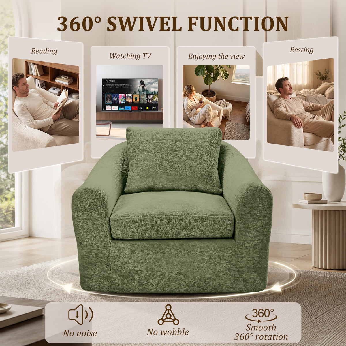 HomeMiYN 360° Rotatable Round Swivel Shell Chair, Modern Padded Recliner for Living Room