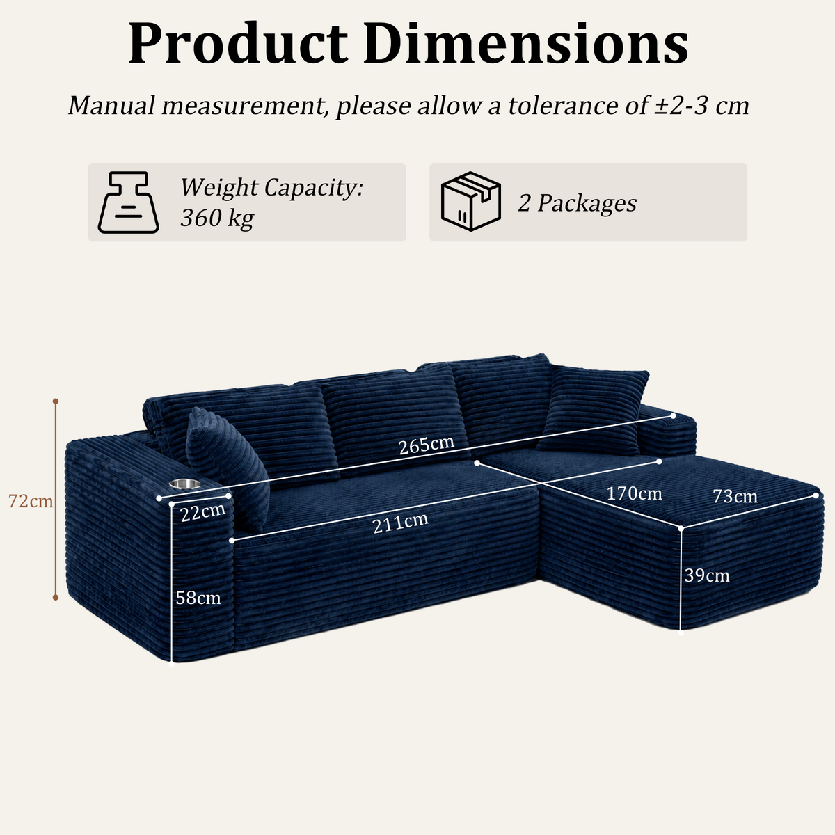 HomeMiYN 265cm 3-Seater L-Shaped Corner Sofa with Chaiselounge, No Assembly Required