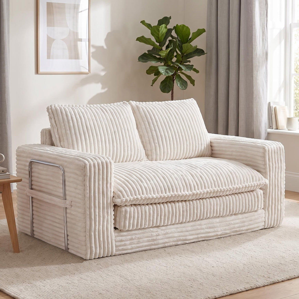 HomeMiYN 2-Seater Corduroy Sofa Bed, 140cm Wide, High Density Foam, No Assembly Required