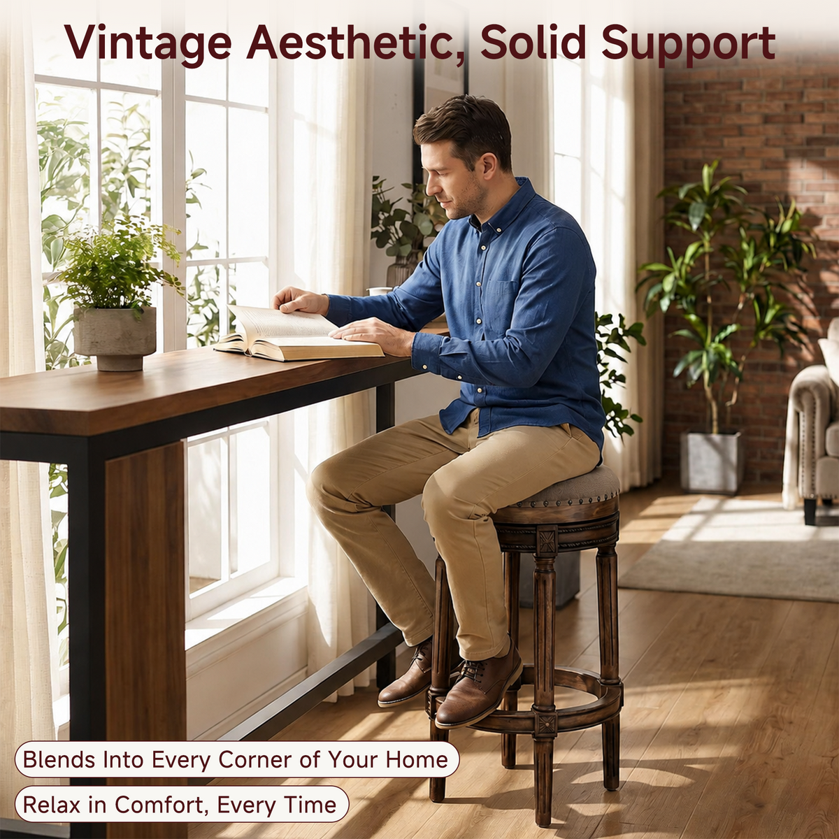 HomeMiYN Wooden Swivel Bar Stool Upholstered Retro Design with Studs
