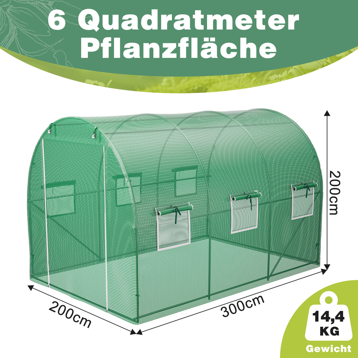 Foliengewächshaus Gewächshaus für Tomaten, mit Gitternetzfolie und Fernster für Garten zur Aufzucht, Schrägdach, Grün, 300 x 200 x 200cm (LxBxH) Mehrweg, UV-beständige Folie Garten