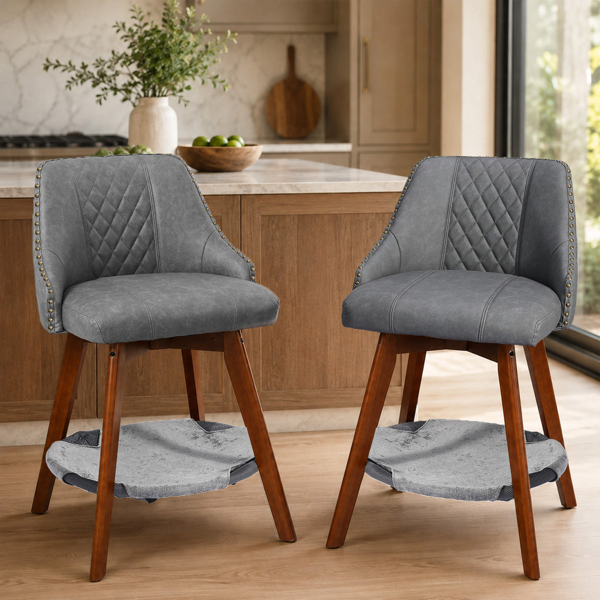HomeMiYN Set of 2 Wooden Rotatable Padded Bar Stools with Pet Cave