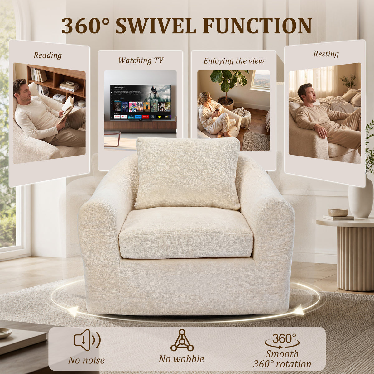 HomeMiYN 360° Rotatable Round Swivel Shell Chair, Modern Padded Recliner for Living Room